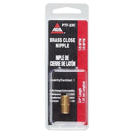 Ags Brass Close Nipple, 3/4 Length, Male (1/8-27 NPT), 1/card PTF-23C